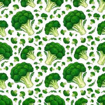 Symmetrical vector pattern of green cartoon broccoli heads surrounded by leaves and dots on white background, cute vegetable wallpaper