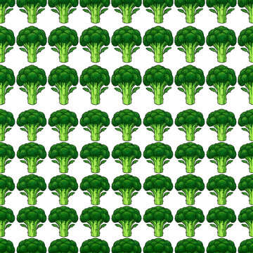 Repeating seamless grid pattern of hand drawn style green broccoli heads with dark outlines on white background, vegetable vector design