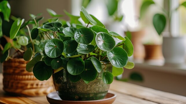 Healthy Pilea Peperomioides Chinese Money Plant with Round Green Leaves in a Ceramic Pot on a Wooden Table, Interior Houseplant Home Decoration with Blurred Background