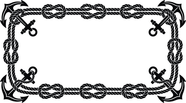 Rectangular decorative frame made of nautical ropes with anchors at each corner nautical maritime illustration decoration ornament rectangular
