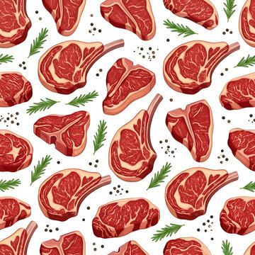 Raw beef steaks seamless pattern background with ribeye, t-bone cuts, fresh rosemary sprigs and black peppercorns on white background, meat vector illustration