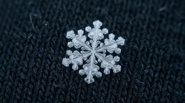 Snowflake ornament rests on dark knitted fabric, crisp winter motif with frosty detail and calm mood. This snowflake ornament stays centered as textured wool fills frame in close up.