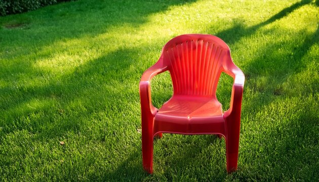 red plastic chair on green grass in a garden