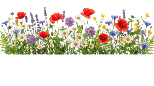 Colorful wildflower border with poppies, daisies, lavender and cornflowers on white background