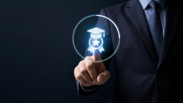 Businessman touching digital graduation cap icon for online education and career growth