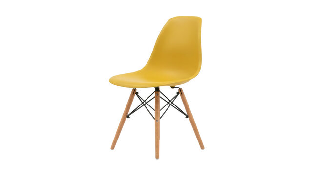 Yellow molded plastic chair with wooden legs isolated on white background