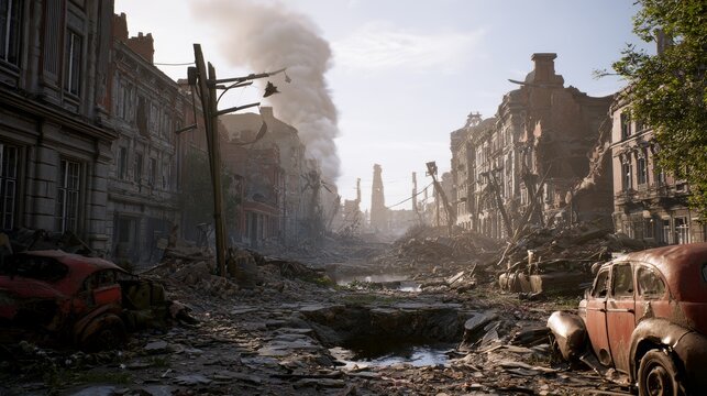 3D render of a destroyed post-apocalyptic city with ruined buildings, rubble, wrecked cars, a flooded crater, depicting urban devastation, disaster, destruction, abandoned streets dystopian landscape
