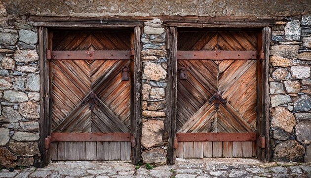twin weathered doors in cracked stone frame with rusted hinges