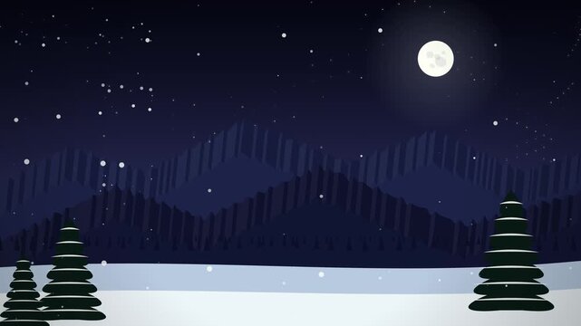 winter night mountain landscape with falling snow and pine trees