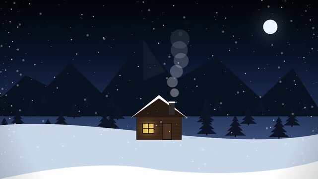winter night landscape with snow falling over a wooden cabin