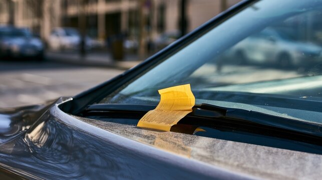 Bright yellow parking ticket tucked under the windshield wiper of a modern gray car parked on a city street, illustrating parking violation, traffic enforcement, urban transportation and legal penalty