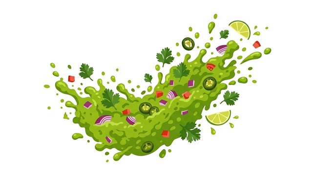 Dynamic Splash of Fresh Guacamole with Avocado Lime Cilantro and Jalapeno Ingredients on White Background