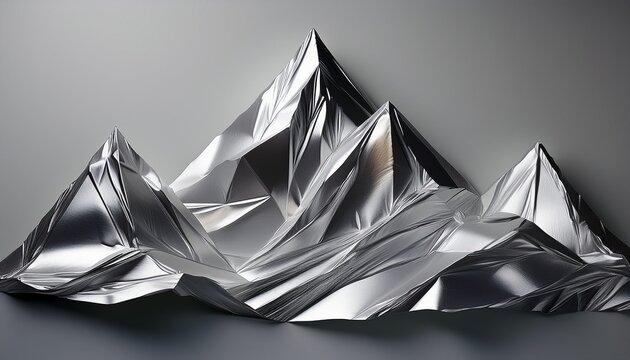 silver foil forms abstract mountain peaks against a clean grey backdrop reflective crumpled metallic surfaces create dramatic shadows and sharp geometric shapes in this vertical minimalist design