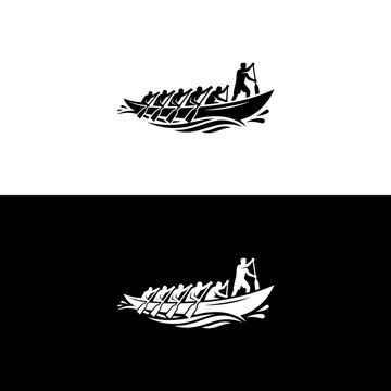 Black and white dragon boat racing team logo vector illustration.