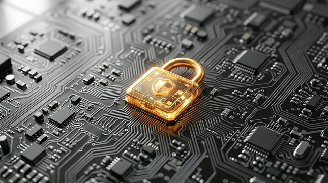Gold padlock with a shield emblem resting on a dense black circuit board