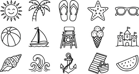 Summer vacation themed collection of cute hand drawn black and white vector graphic icons featuring tropical elements beach accessories playful shapes and fun travel items © Arun