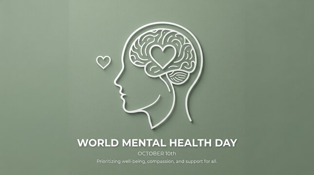 Minimalist illustration of a human head with a brain heart symbol for world mental health day awareness