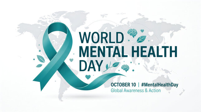 Teal awareness ribbon design for world mental health day celebration with global map background for social media