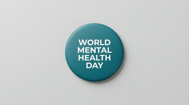 A teal circular pin badge with the text world mental health day isolated on a plain background