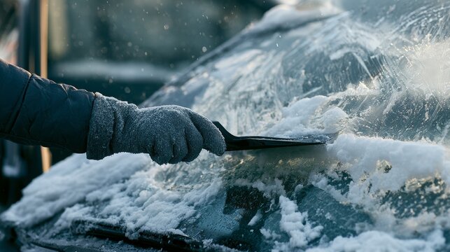 Driver removing snow and icy frost from a car windshield with an ice scraper during winter, cleaning the vehicle window for clear visibility, safe driving and cold weather travel