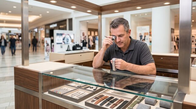 Watch repair technician in storefront kiosk, live action retail service scene with loupe and tools