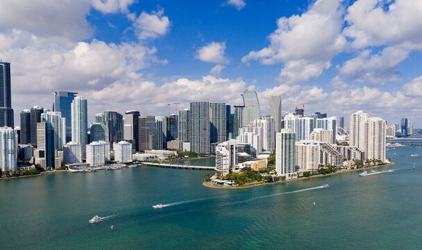 Miami skyline. Miami cityscape from drone. Miami downtown skyline.