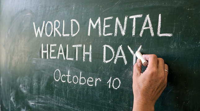 A hand writing world mental health day on a green chalkboard to promote awareness and psychological well being