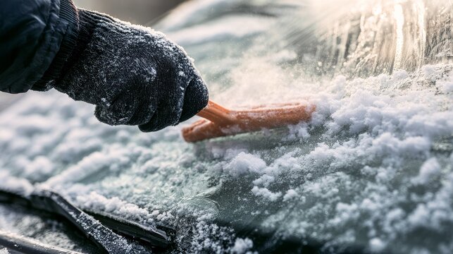 Driver removing snow and icy frost from a car windshield with an ice scraper during winter, cleaning the vehicle window for clear visibility, safe driving and cold weather travel