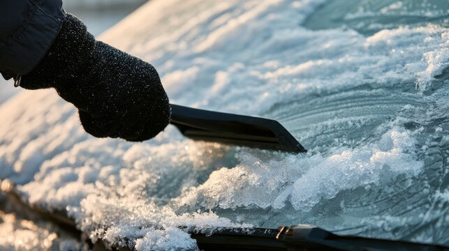 Driver removing snow and icy frost from a car windshield with an ice scraper during winter, cleaning the vehicle window for clear visibility, safe driving and cold weather travel