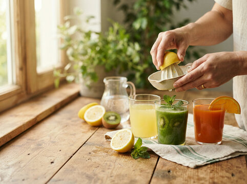 Hands squeezing a lemon into a ceramic juicer beside three juice glasses