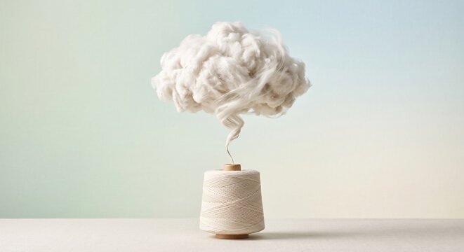 Creative cotton cloud emerging from a thread spool on a soft pastel background. Minimal conceptual composition symbolizing natural fiber, sustainability, textile production and creativity with copy sp