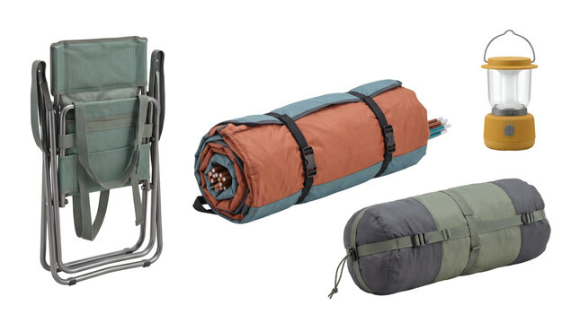 Camping equipment, a folding chair appears beside rolled bedding, a sleeping bag and yellow lantern. Metal chair legs and buckled straps define the campsite set on a transparent background.