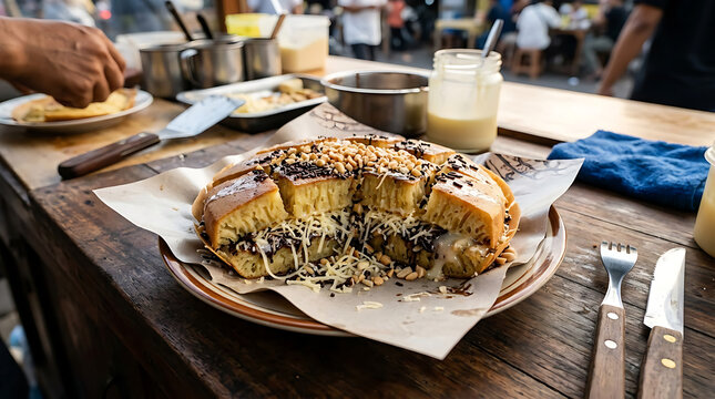 Close up of traditional Indonesian Martabak Manis sweet pancake served on wooden board. Thick fluffy pancake filled with melted cheese, chocolate sprinkles, peanuts, and condensed milk. Served with ho