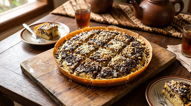 Close up of traditional Indonesian Martabak Manis sweet pancake served on wooden board. Thick fluffy pancake filled with melted cheese, chocolate sprinkles, peanuts, and condensed milk. Served with ho