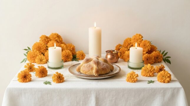 Minimal Day of the Dead ofrenda with pan de muerto, white candles and vibrant marigold flowers on a clean white table, elegant Mexican tradition composition with generous copy space for seasonal desig