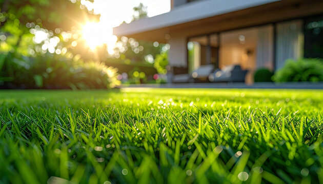 Fresh green grass in beautifully maintained backyard, lush healthy lawn, softly blurred modern house on background, warm natural daylight, peaceful residential atmosphere. Close-up.