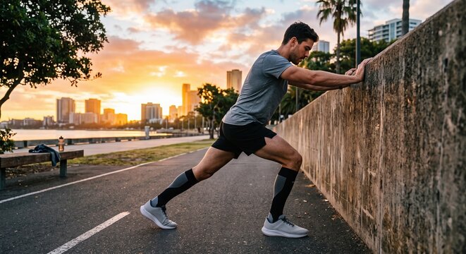 Male runner performing a calf stretch against a wall during sunset on a waterfront running path, warming up before training with compression socks and urban skyline in the background.