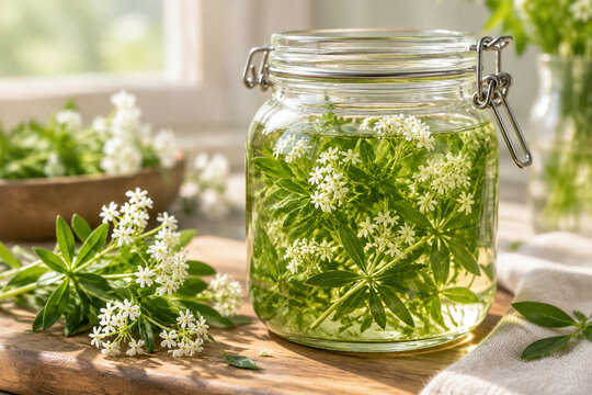 Fresh sprigs of sweet woodruff submerged in clear liquid in a jar.