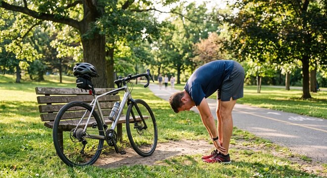 Cyclist stretching hamstrings beside a bicycle in a green park after a ride, highlighting recovery, flexibility and healthy outdoor fitness during a peaceful morning workout.
