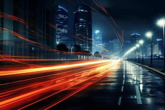 Urban street with blurred light trails of fast moving traffic at night