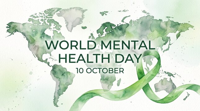 World mental health day awareness illustration featuring a delicate watercolor world map and supportive text messaging