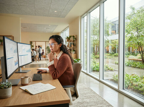 Woman in glasses reading chart monitors at a desk facing a green courtyard