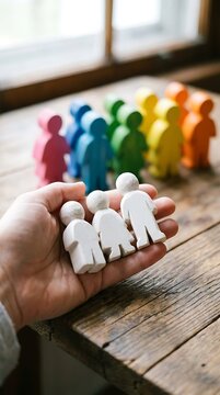 Hand holding white wooden family figures with rainbow group