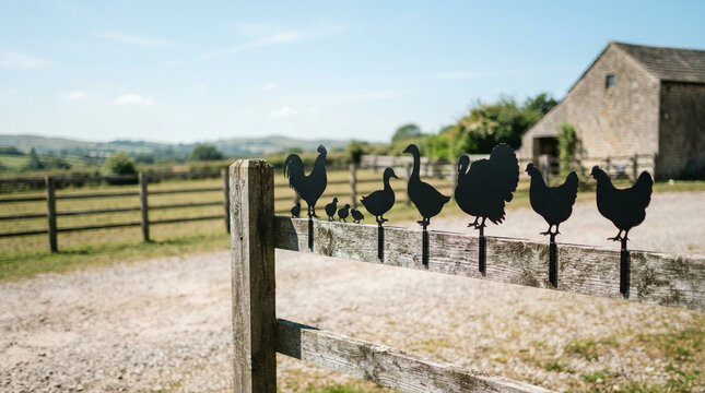 Metal poultry silhouette fence topper before a stone barn and a clear blue sky
