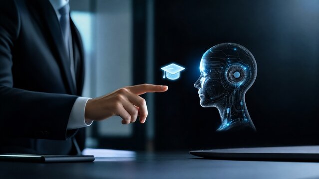 Businessman interacting with AI robot head and education icon for machine learning training