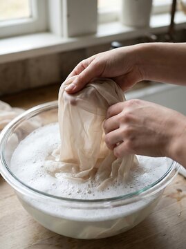Washing thin fabric in a glass bowl of soapy water