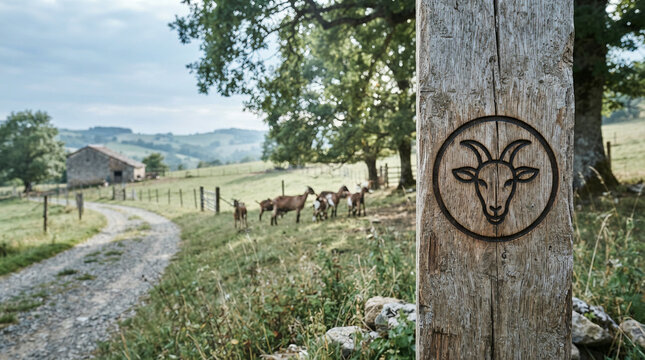 Carved goat head emblem on a weathered post before a field of grazing goats