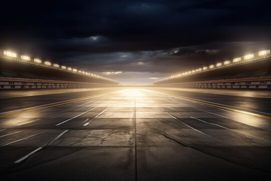 Empty asphalt race track illuminated by bright stadium lights under a dramatic sky