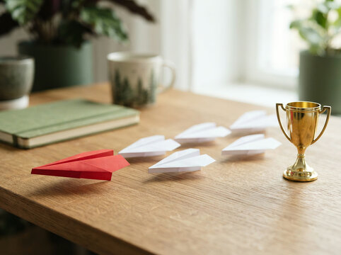 Eight paper planes and a small gold trophy on a sunlit wooden table indoors