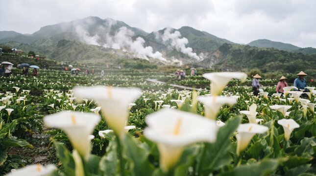 A lush field of white calla lilies blooming in Yangmingshan, Taiwan, with people picking flowers and volcanic steam rising from the mountainous landscape in the background